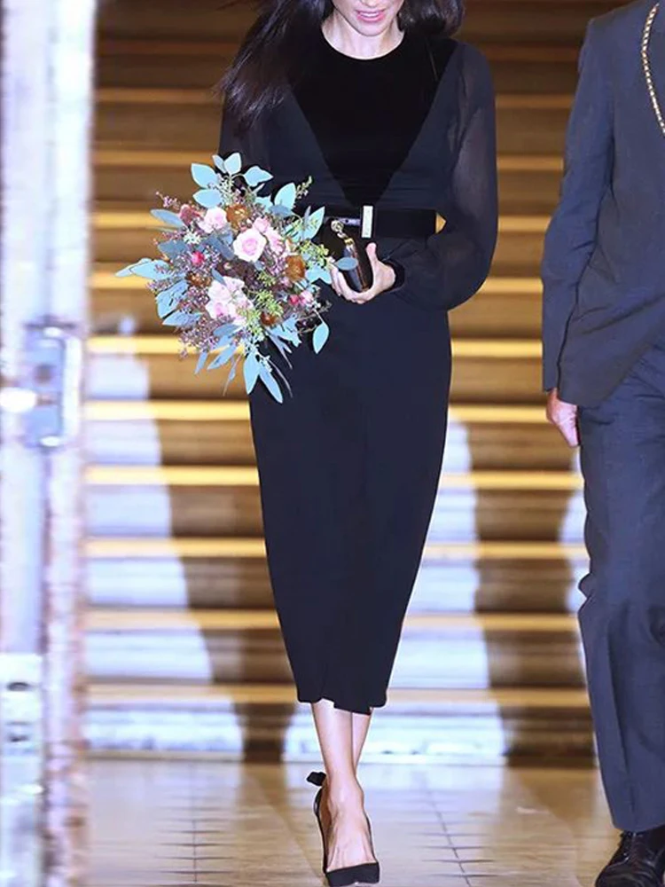 Женское бархатное платье-миди с длинным рукавом в стиле пэчворк | Женская одежда