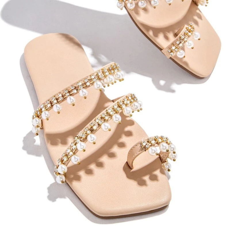 

Women Slippers 2022 Summer New Fashion Casual Beaded Outer Sandals Popular Large Size Slippers European Beach Slippers Women