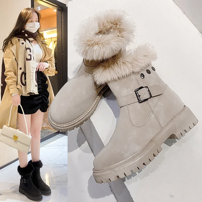 

Fur Snow Boots Women Martin Boots New Winter Thickening Solid Color Ladies Short Boots Plus Velvet Warm Snow Cotton Shoes Female