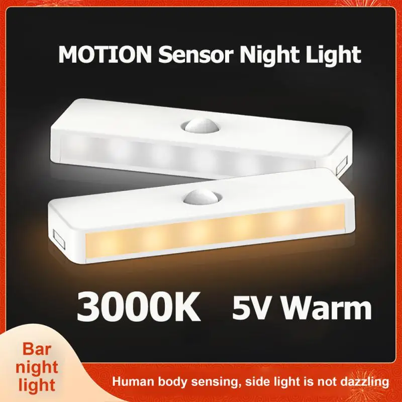 

5V Warm Color Night Light Wireless Motion Sensor LED Light USB Rechargeable Night Light Bar For Bedroom Cabinet Wardrobe Stairs