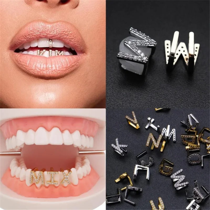 

Gold & White Gold Iced Out A-Z Letter Grillz Full Teeth DIY Fang Grills Bottom Tooth Cap Hip Hop Dental Mouth Teeth Braces