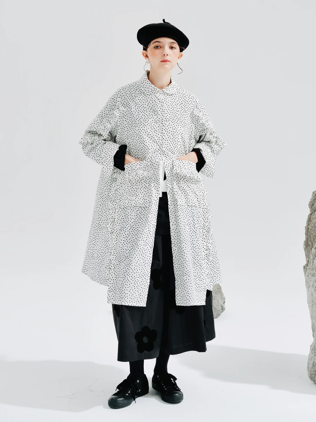 

IMAKOKONI original design lapel long-sleeved shirt mid-length polka dot floral pocket loose dress 234238