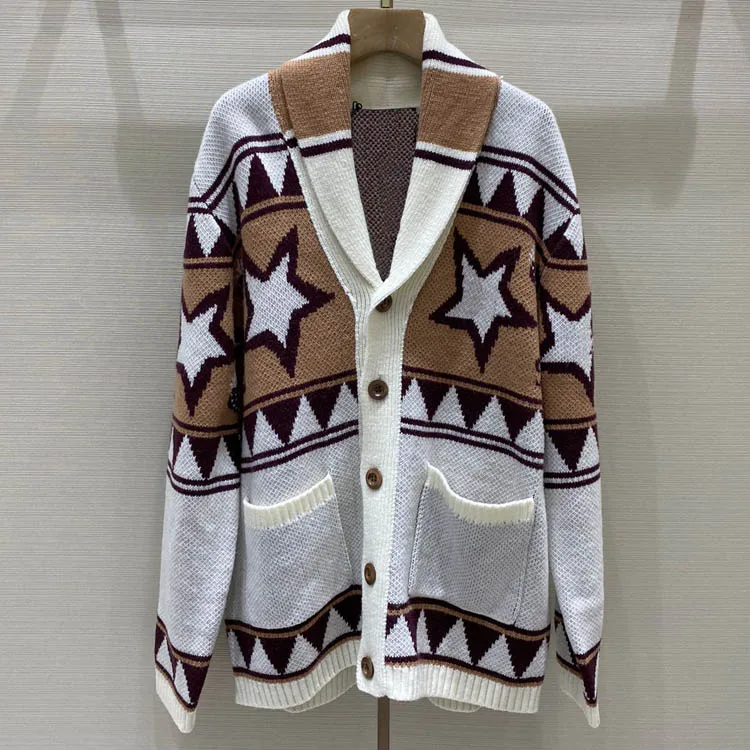 

Женский шерстяной вязаный кардиган, свободный контрастный жаккардовый Кардиган с длинным рукавом и воротником с лацканами, свитера для жен...