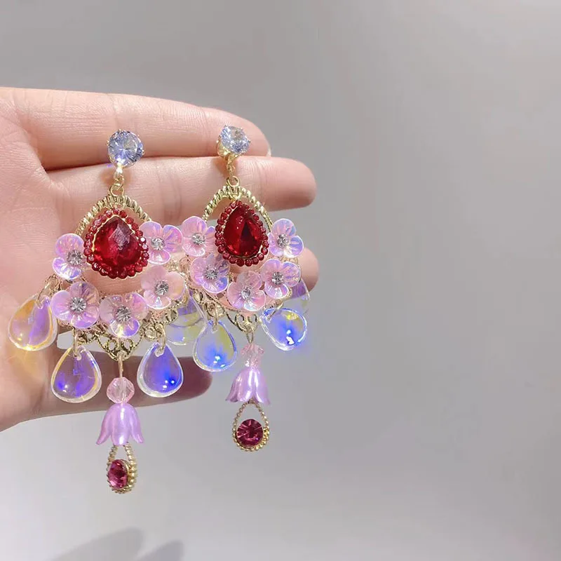 

Korean Luxury Earrings Handmade Rhinestone Sweet Crystal Flower Earrings For Women Wedding Gift