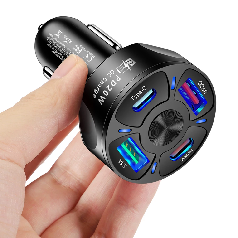 

1Pcs 4-Ports 38W Car USB Charger For Phone Fast Charge PD 20W Type C USB Adapter Dual-ports PD 20W High Output QC 3.0 Accessory