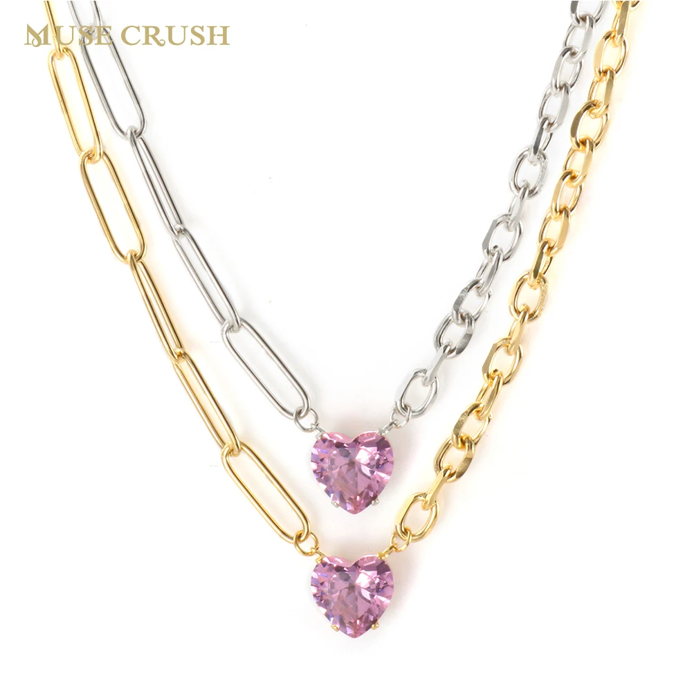 

Stainless Steel Pink Love Heart Zircon Pendant Necklace Gold Color Plated Crystal Choker Necklace For Women Jewelry Gift