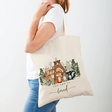 Cute Deer Fox Bear Rabbit Owl Koala Women Shopping Bags Cartoon Animal Canvas Shopper Bag Both Sided Tote Handbag for Child