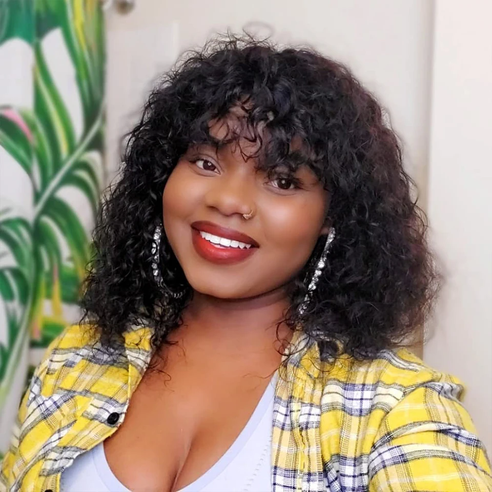 

Glueless Bang Wigs Human Hair Wigs for Black Women Water Wave Machine Made Bob Wig with Fringe Brazilian Perruque Cheveux Humain