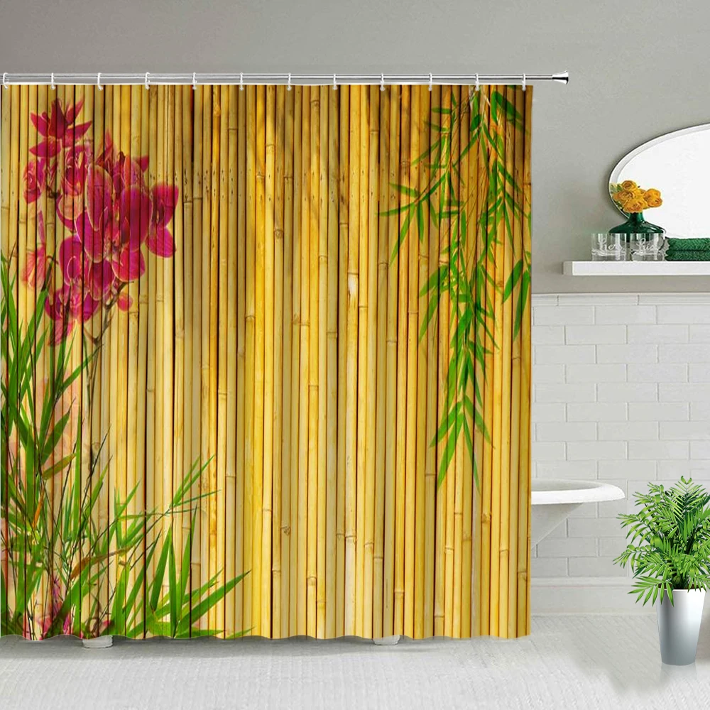 

Chinese Style Green Bamboo Shower Curtain Wood Grain Pattern Starfish Shell Bathroom Waterproof Fabric Bath Screen With Hooks