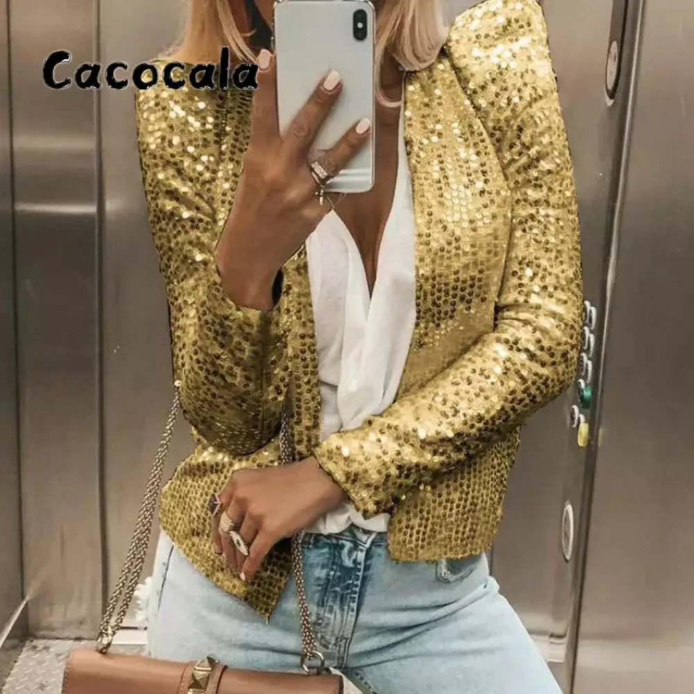 

Женская короткая куртка с блестками и длинным рукавом, однотонная Весенняя верхняя одежда для офиса, 2023