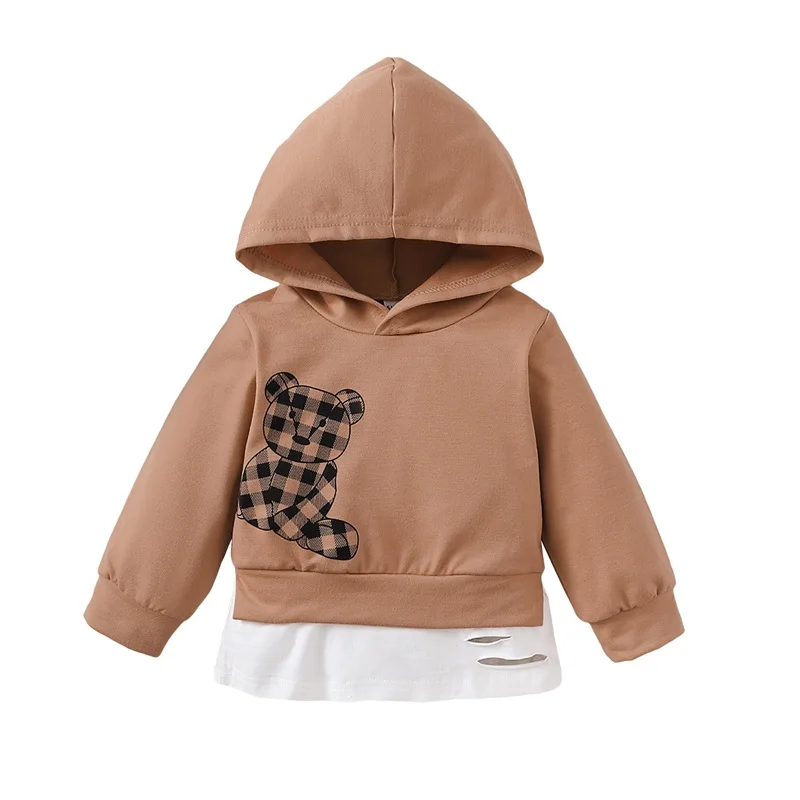 

Toddler Girl Boy Fall Sweatshirt, Plaid Bear Print Hooded Long Sleeve Pullovers with Ripped Hem, 6 Months to 3 Years