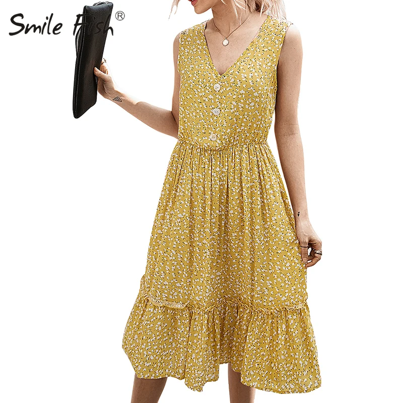 

A-Line Printed Boho Sundress Vacation Dress Slim Sexy V-Neck Midi Women Dress Ruffles Sleeveless Elegant Spring Summer G1298