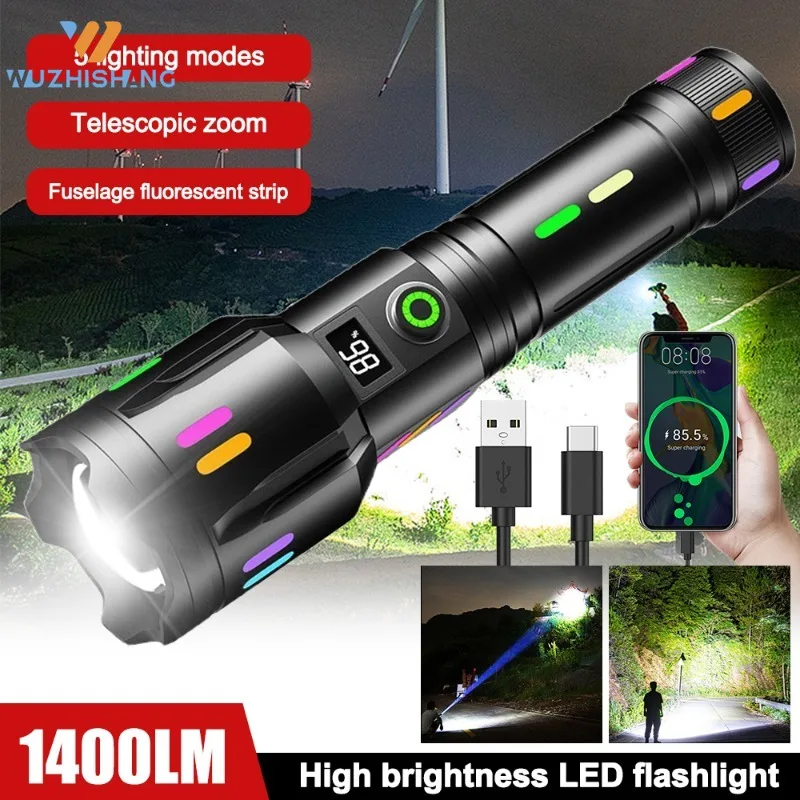

1400LM 500 Meter Long-Range White Laser Flashlight TYPE-C Rechargeable Camping Torch Military Tactical Zoomable Search Spotlight