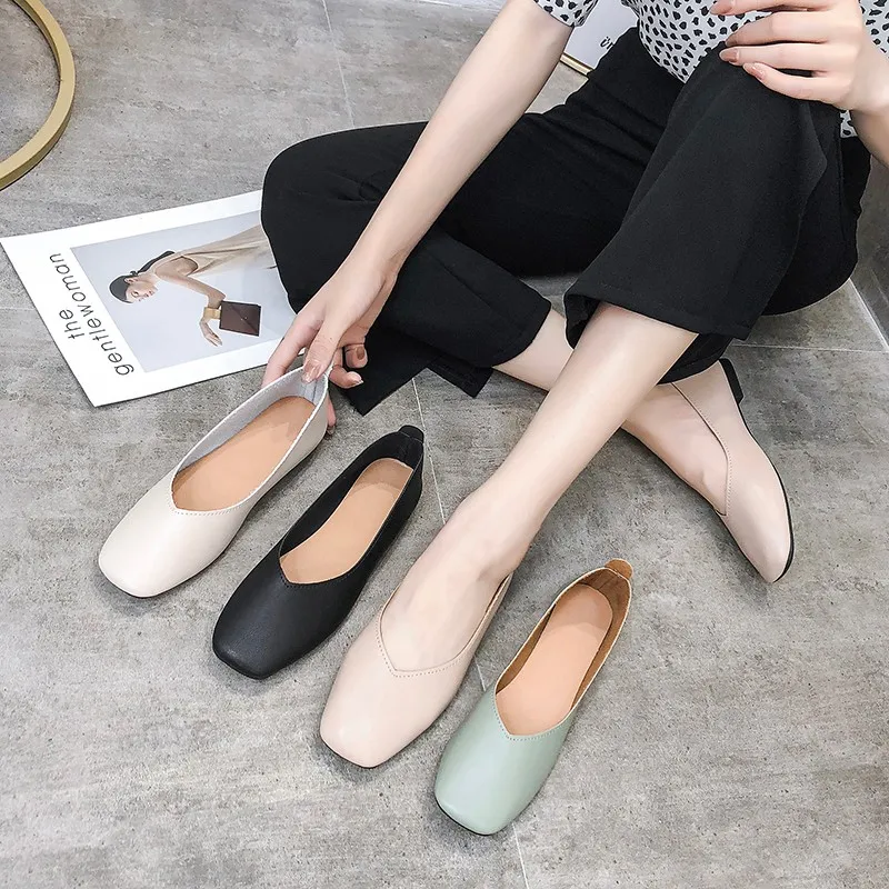 

2023 Fashion Low-heeled Non-slip Shoes Women Summer and Autumn Casual Square Toe Flat Leather Shoes Shallow Mouth Simple Shoes