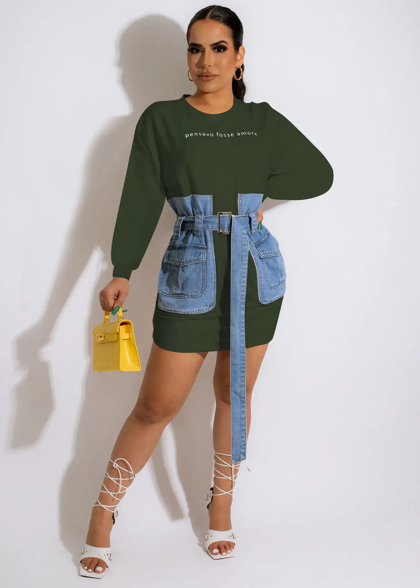 

European and American women's autumn denim dress letter embroidery lace-up denim dress