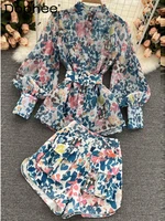 vintage autumn flower sashes new arrival temperament stand collar printed puff sleeves 2022 women shorts suit