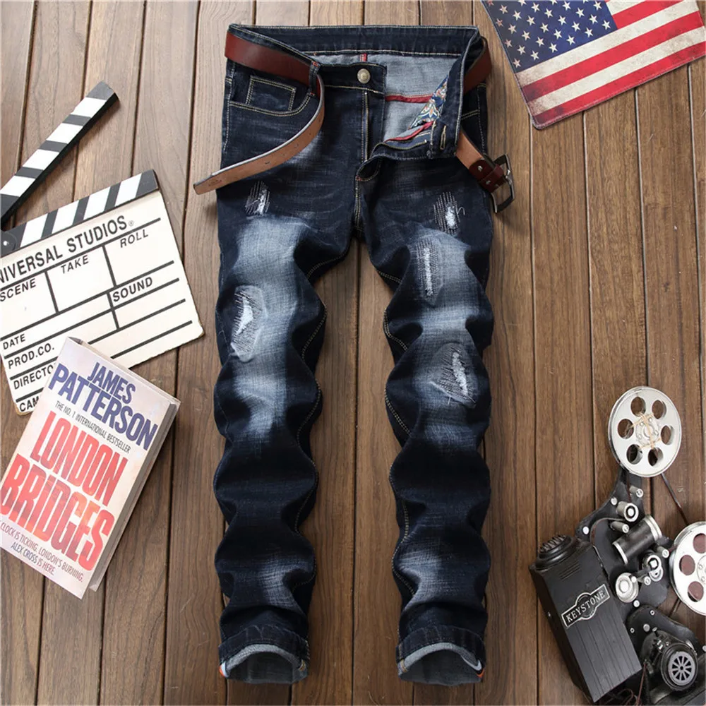 Quick Delivery Of Men's Jeans Casual Straight Tube European And American Classic Torn Patch Fashion Cotton Denim Pants
