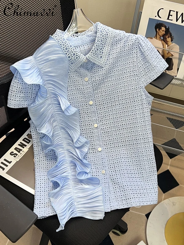 

2022 Summer New Fashion Sweet Temperament Patchwork Ruffled Shirts Short Sleeve Hollow Out Lace Blouse Women Chic Tops All-match