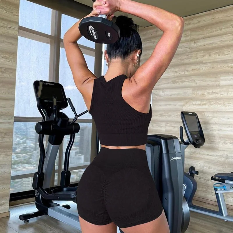 2 Piece Sets Women Outfits Seamless Knitting Sports Fitness Zipper Vest Top High Waist Hip Lifting Gym Shorts Yoga Running Suit