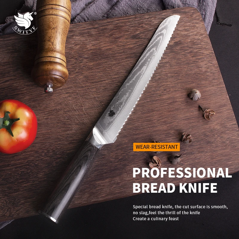 

SWITYF 8 Inch Bread Knife Super Damascus Steel Rosewood Handle Kitchen Knives Bread Cooking Tools High Quality Cake Knife
