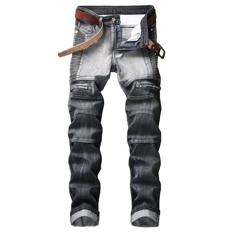 Hot Sales Street Fashion Men Jeans Stylish Patchwork Color Pleated High Quality Long Denim Pants Personality Knee ZipperDesign