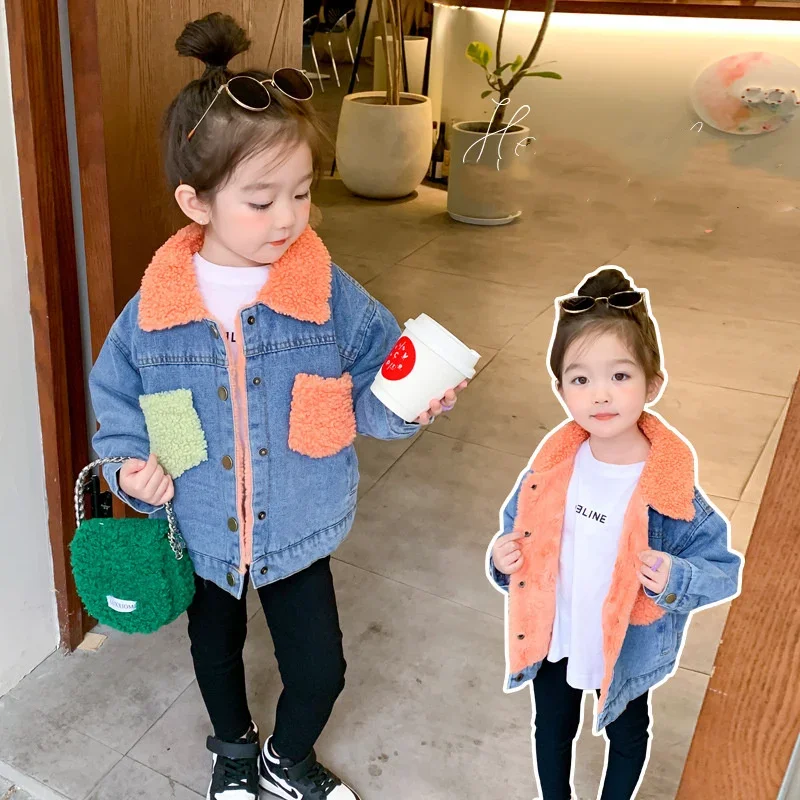 

Пальто для девочек, куртка, хлопковая верхняя одежда, 2022 Джинсовый Теплый утепленный бархатный Зимний комбинезон, ветрозащитная детская одежда