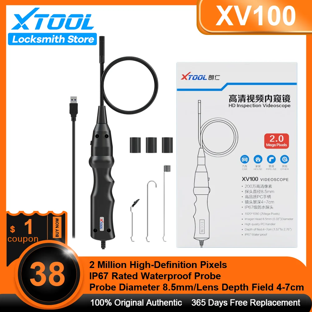 

2023 Newest XTOOL XV100 HD Flexible Snake Inspection Videoscope Connect With XTOOL Tablet USB 3.0 1080P IP67 Waterproof 8 LEDs