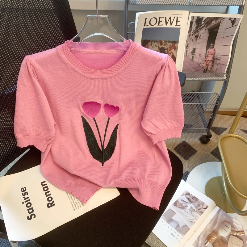 

Женский трикотажный свитер с коротким рукавом, Повседневный пуловер из вискозы с цветочной вышивкой, лето 2023