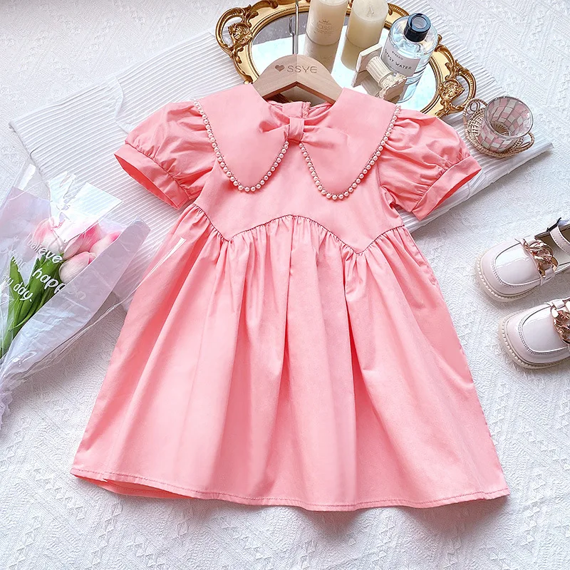 

Sweet Girls' Princess Dress 2023 Summer New Korean Children's Fashion Pearl Doll Collar Party Dresses for Birthday 2-7Y