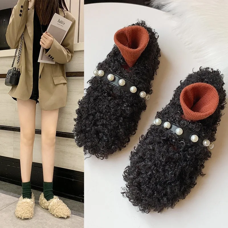 2022 Cashmere Lambswool Flats Femme Slip on Plush Winter Ladies Shoes Curly Furry Loafers Women Zapatos Casual shoes