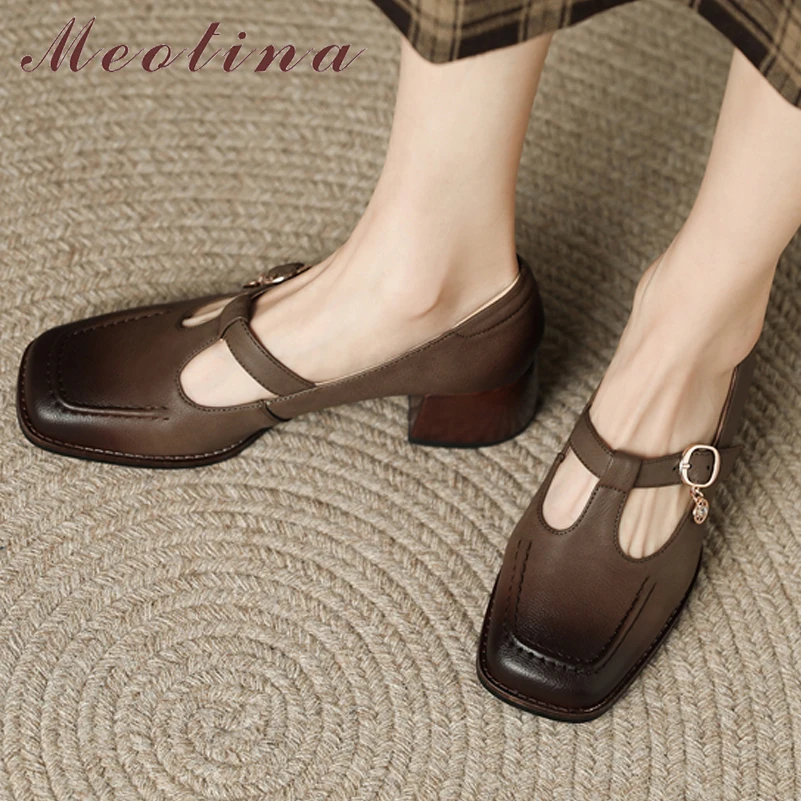 

Женские туфли-лодочки Meotina, туфли из натуральной кожи с круглым носком, Т-образной перекрестной шнуровкой, на среднем каблуке, с пряжкой и кристаллами, черные, коричневые