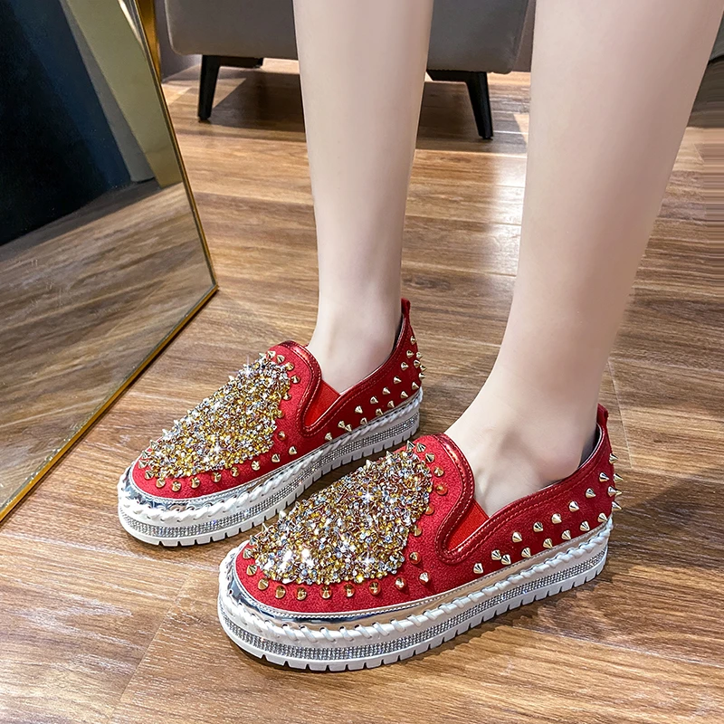 

Ricaqico Luxury Women Flats Rhinestone Bling Sewing Platform Loafers Slip on Sewing Shallow Fashion Casual Shoes Ladies Footwear