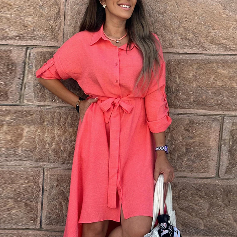 

Женское однобортное офисное платье-рубашка с лацканами, весеннее однотонное асимметричное платье из искусственной кожи на шнуровке, осенние платья с регулируемыми рукавами и карманами