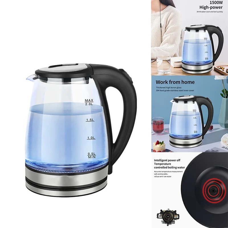 

2L Stainless Steel Electric Kettle Blue LED Light Glass Hot Water Kettle
