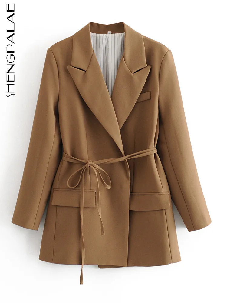 

SHENGPAIAE осенний Новый стильный костюм с воротником и длинным рукавом, однотонное пальто на шнуровке, повседневная куртка, уличная женская мод...