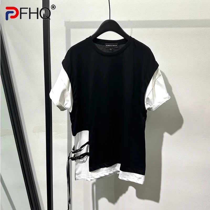 

PFHQ Summer Men's Darkwear Fake Two-piece T-shirt Popular Casual Handsome Functional Tops Abstract Versatile Ribbon Tees 12Z1450