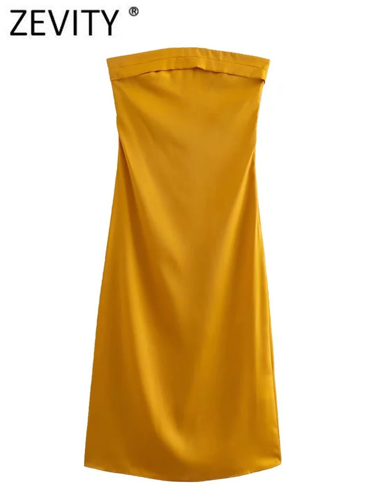 

Zevity Women Sexy Strapless Off Shoulder Solid Satin Midi Dress Female Chic Side Zipper Back Elastic Beach Party Vestidos DS1027