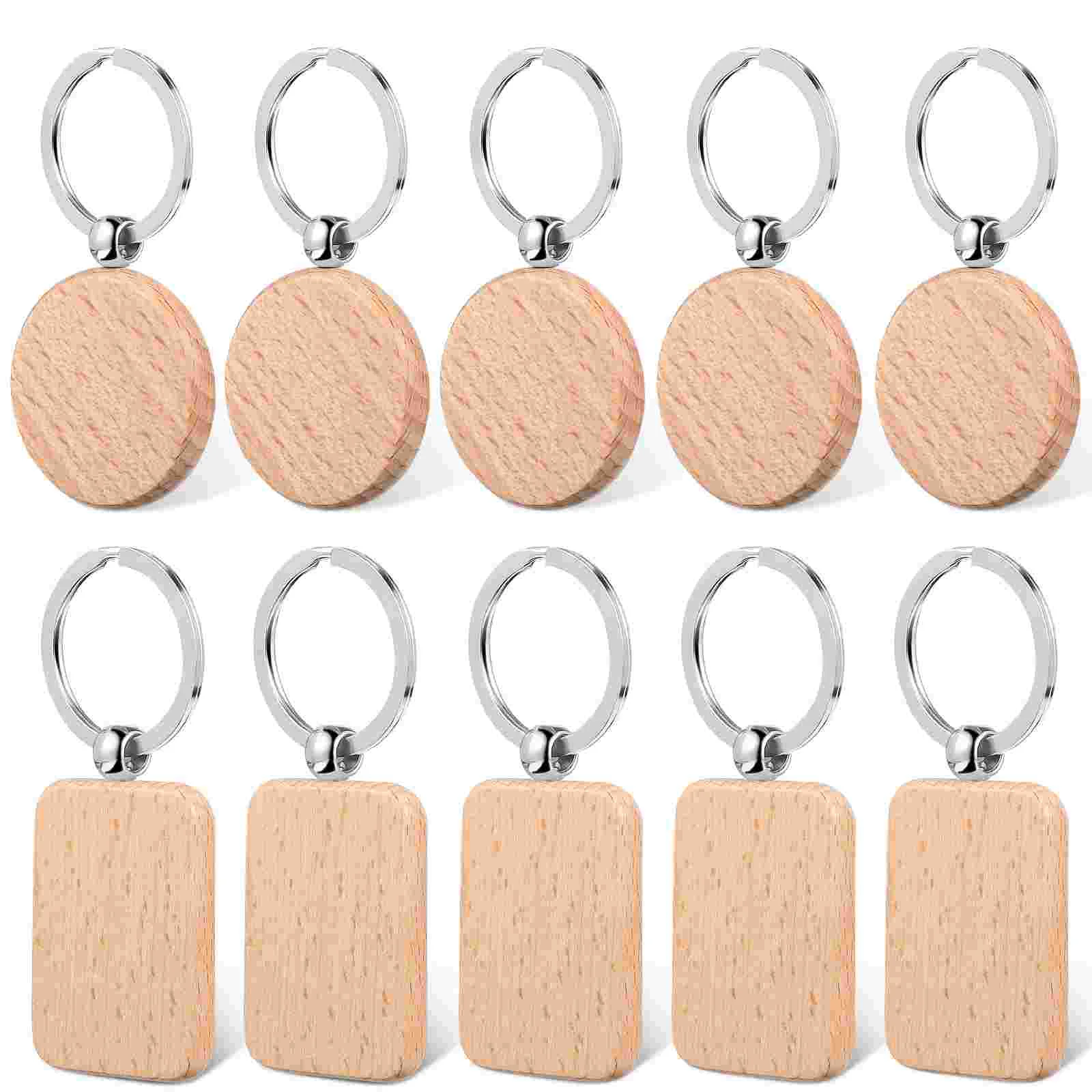 

10 Pcs Woodblock Print Wooden Tag Keychains Blanks Rectangle Keyrings Circle Labels Engraving Tags Small Simple