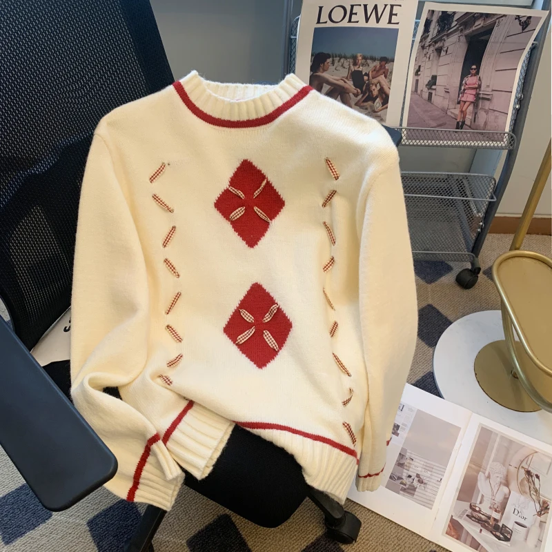 

Women's Clothing Diamonds Jumpers korean Casual Round Neck 2023 Autumn Winter Fashion Knitted Sweaters