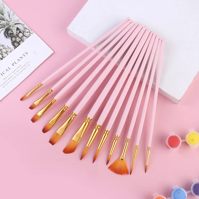 

Nylon wool watercolor paint brush 12 piece set for children's painting brush Macaron color diy oil painting brush