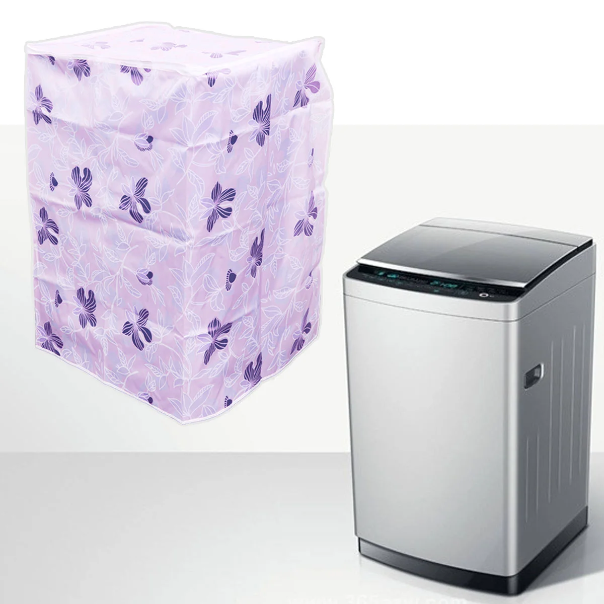 

1 PC Washing Machine Cover Waterproof Zippered Dustproof Floral Polyester Satin Cloth Washer Protector