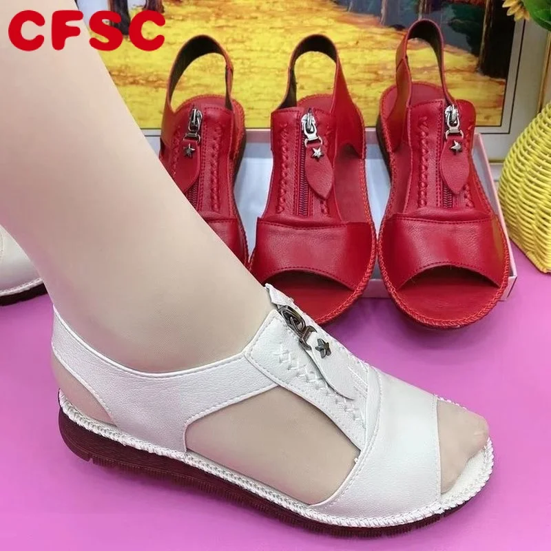 

Women Sandals Zipper Flat Soft Pu Leather Sole Comfy Sandalias Summer Casual Mother Shoes Solid Color Plus Size Chaussure Femme