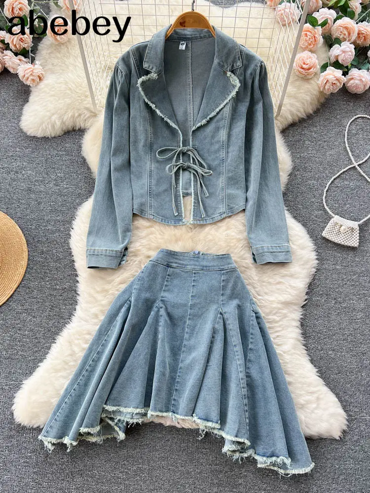 

Denim Two Piece Set Women Y2K Outfits Fashion bandage Tops+Sexy Streetwear Side Irregular Hip Skirt