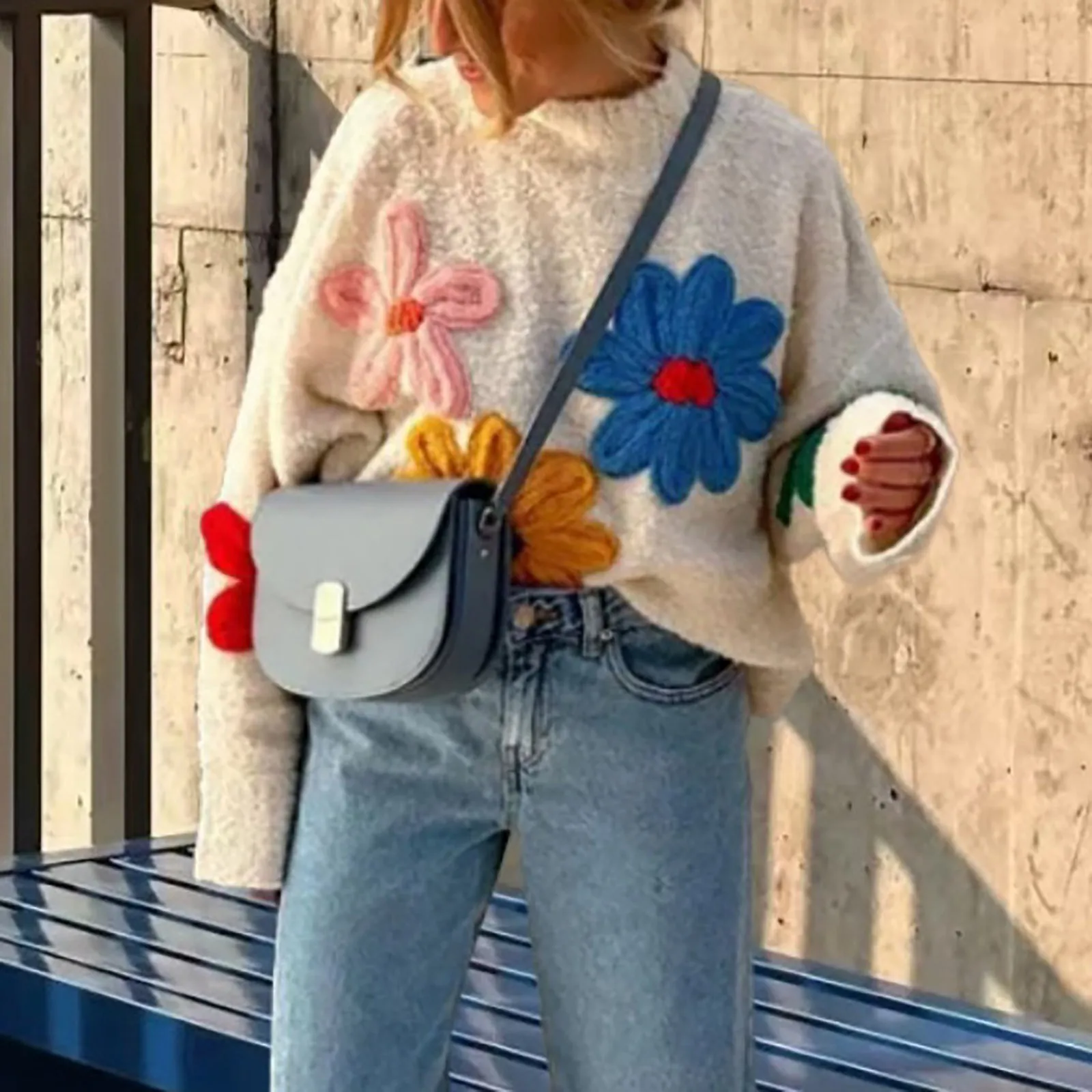 Женский жаккардовый вязаный свитер с лепестками цветов новый цветочным принтом