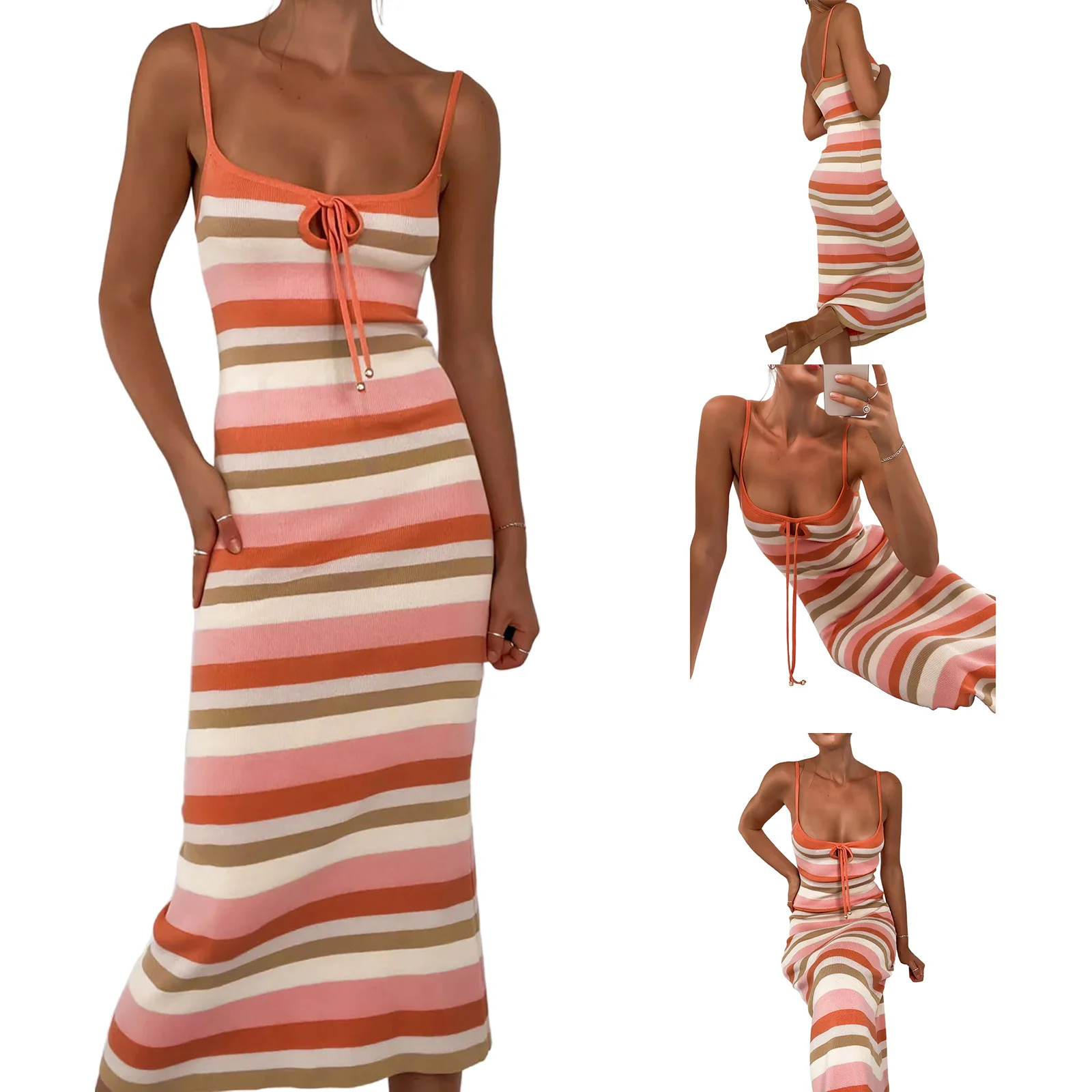 

2023 Women's knitted striped beach dress with suspender sexy dress long dress with open back sexy dresses