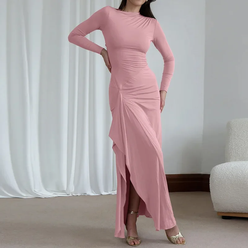 LangMao сексуальное платье макси со шнуровкой до бедра и длинными рукавами для