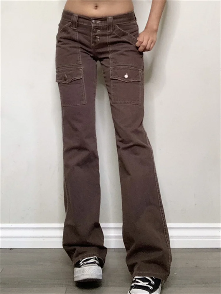 

Vintage Brown Baggy Women's Jeans Pockets Straight Leg Cargo Pants Retro Low Rise Denim Trousers 90s Casual Cyber Y2k Streetwear