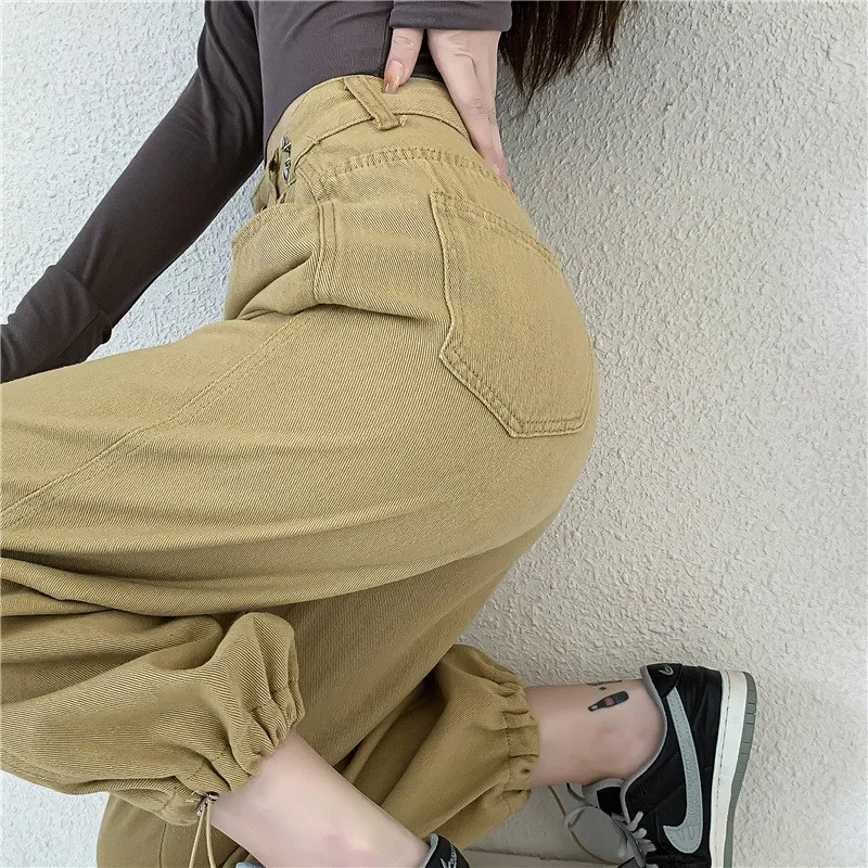 

Womens High Waist Jeans High Street Retro Streetwear Black Khaki Cargo Pants Female Loose Ankle Banded Pants Denim 2022 Summer