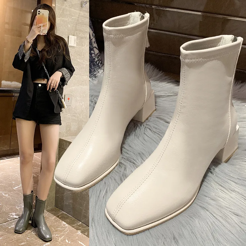 Luxury Brand Women Beige 7cm Block High Heels Ankle Boots 2022 Winter Female Square Toe Chelsea Boots High Quality Short Boots