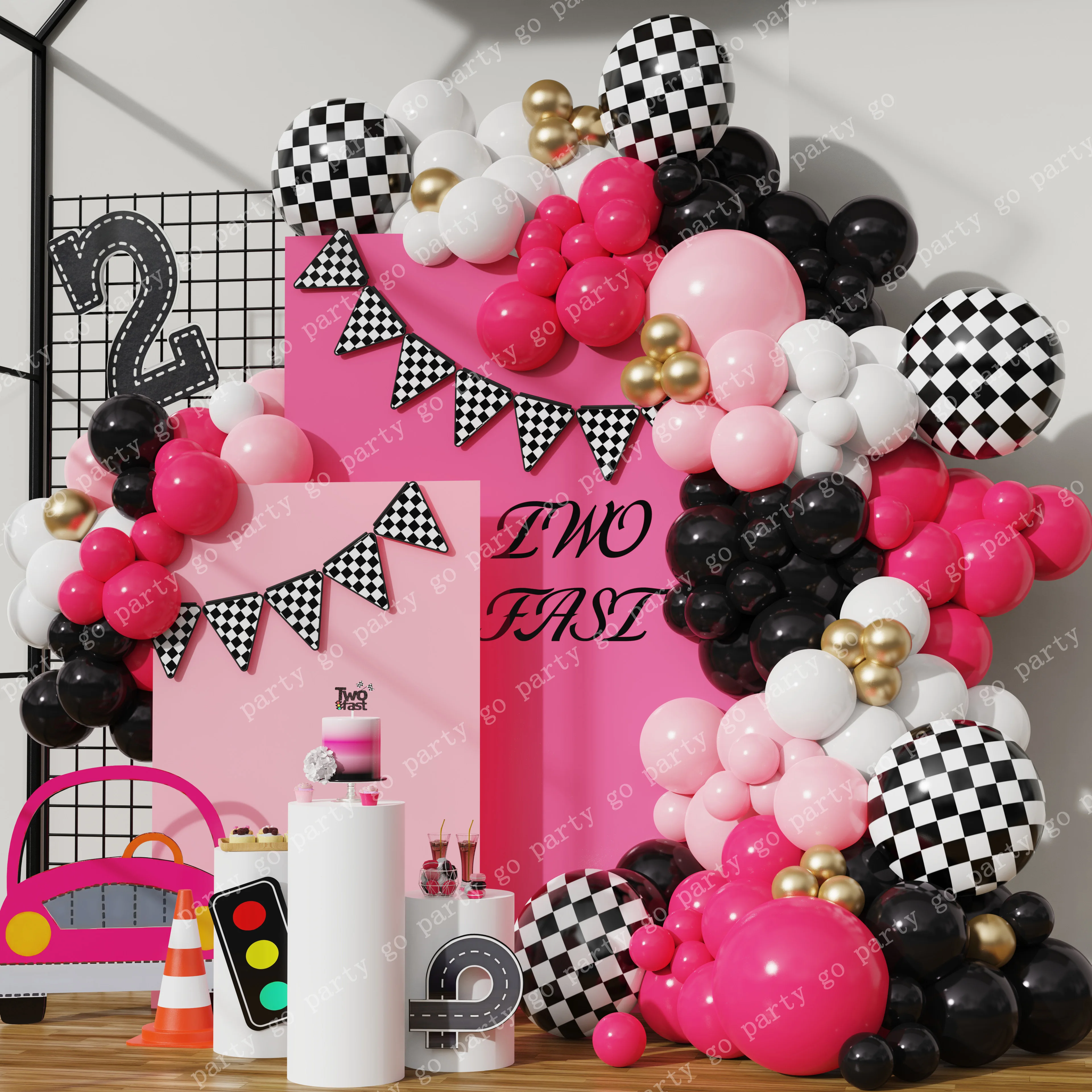 

124pcs Racing Theme Pink Gold Latex Black White Lattice Foil Balloons Garland Arch Kit for Kids Birthday Baby Shower Party Decor